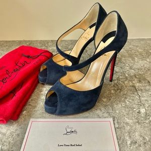 Christian Louboutin Catchy Two 120 Heels Pumps Peep Toe Suede Navy Blue Size 36